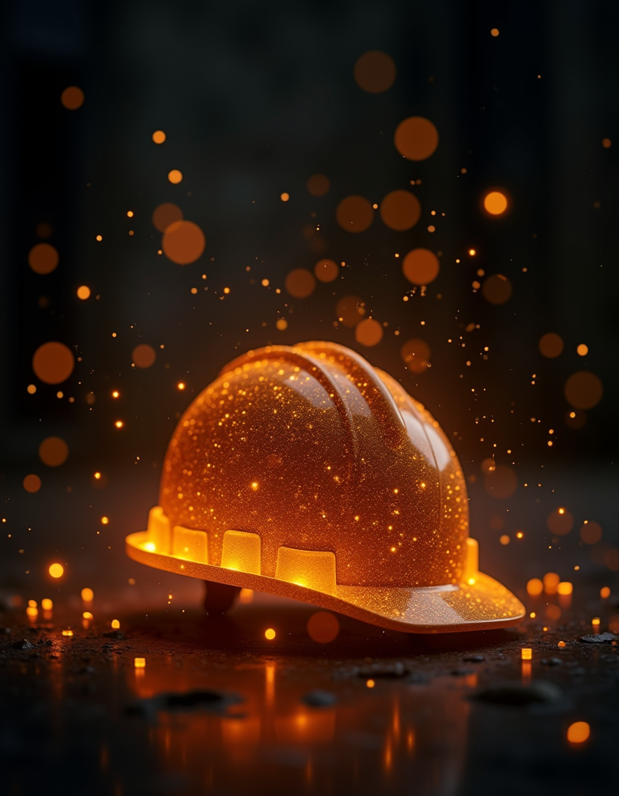 A hi-vis hard hat glowing against the dark of a job site — FieldLog captures what your techs do in the field.